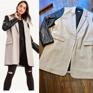 DKNY Blazer Mixed Media Tan & Black Faux Leather Sleeve Career Jacket Woman's  L